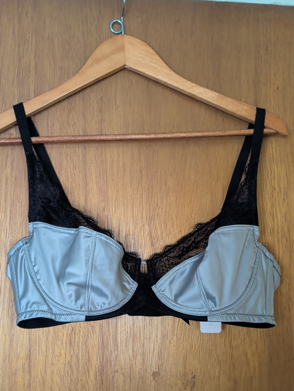 Satin & Lace Underwire Demi Bra in Silver and Black